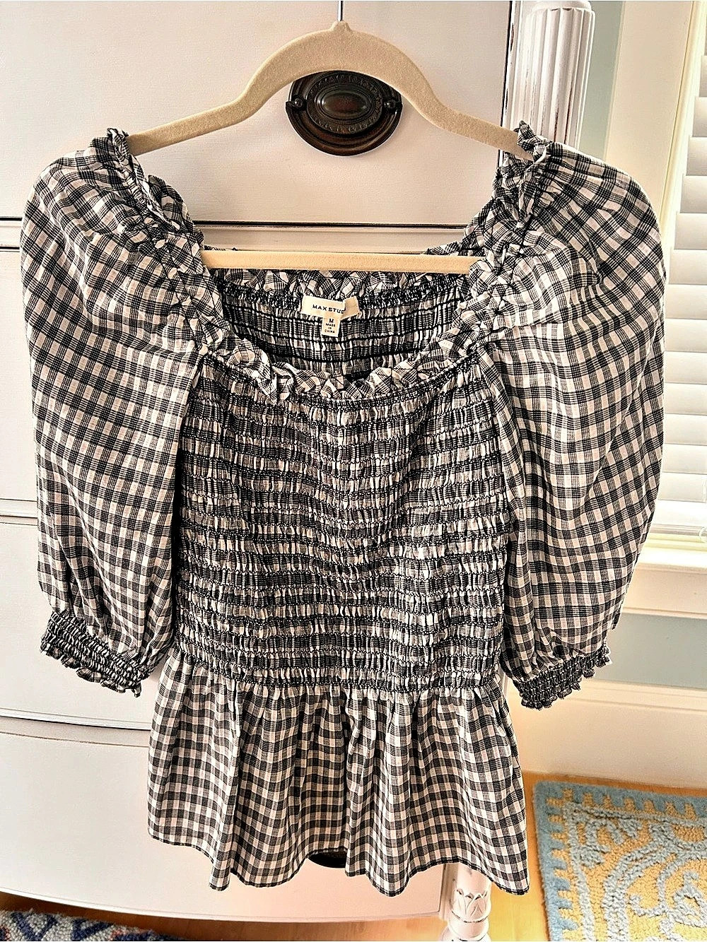 Max Studio Black/White Romantic Gingham Milkmaid Smocked Off-Shoulder Top Medium
